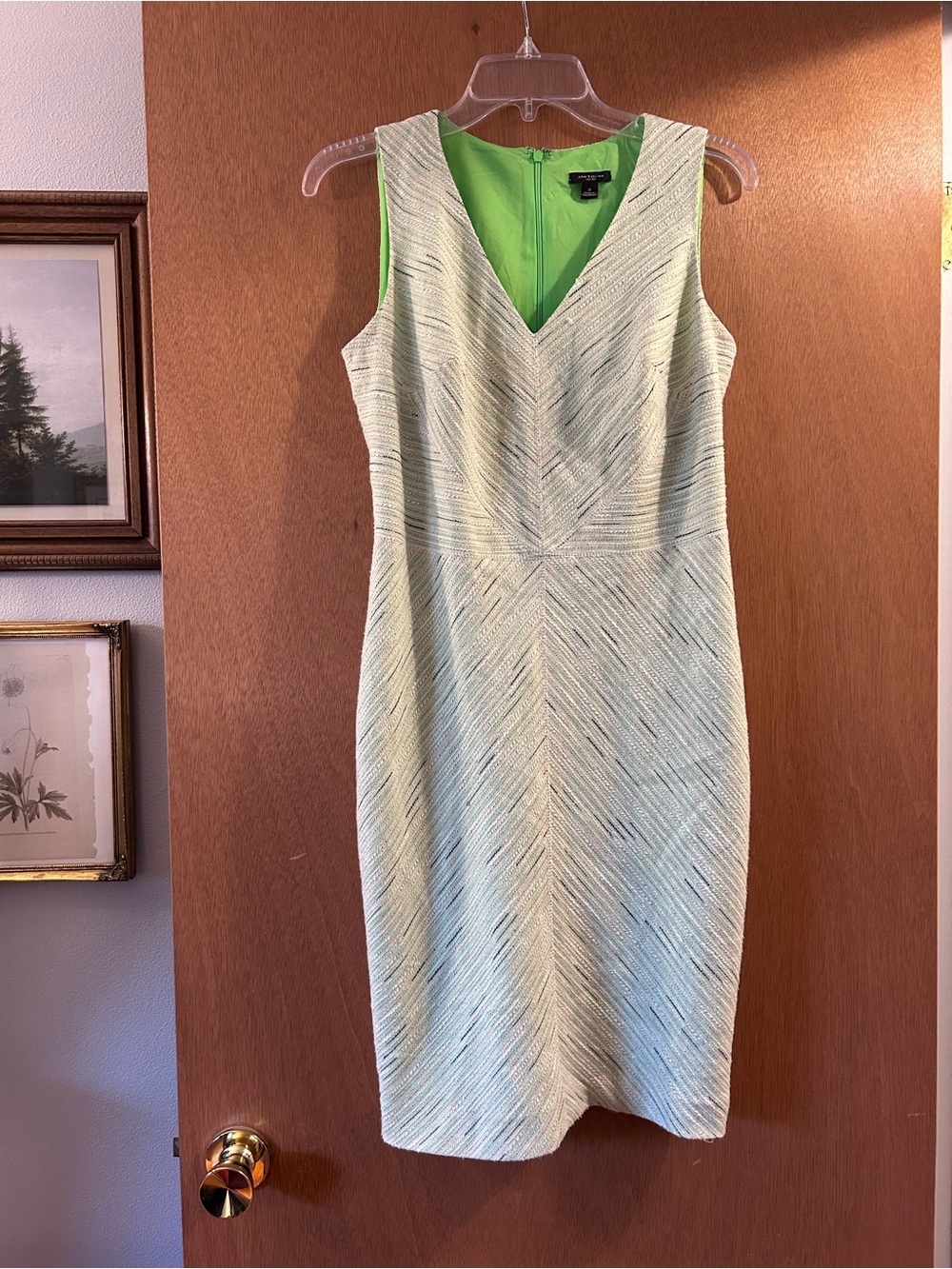 Ann Taylor Textured Sheath Dress in Pale Green with Lime Lining
